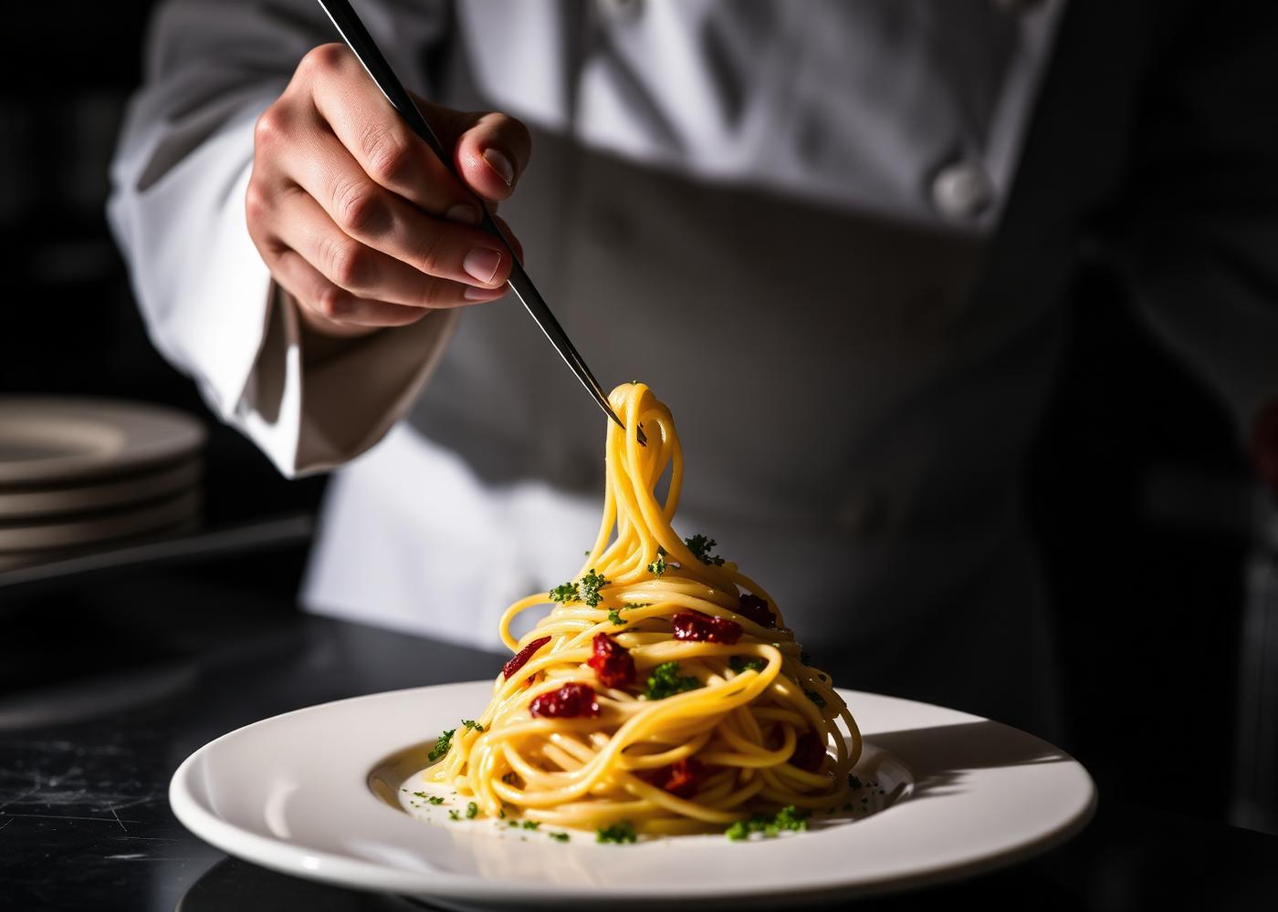 A chef plating pasta in the LUMERA kitchen
