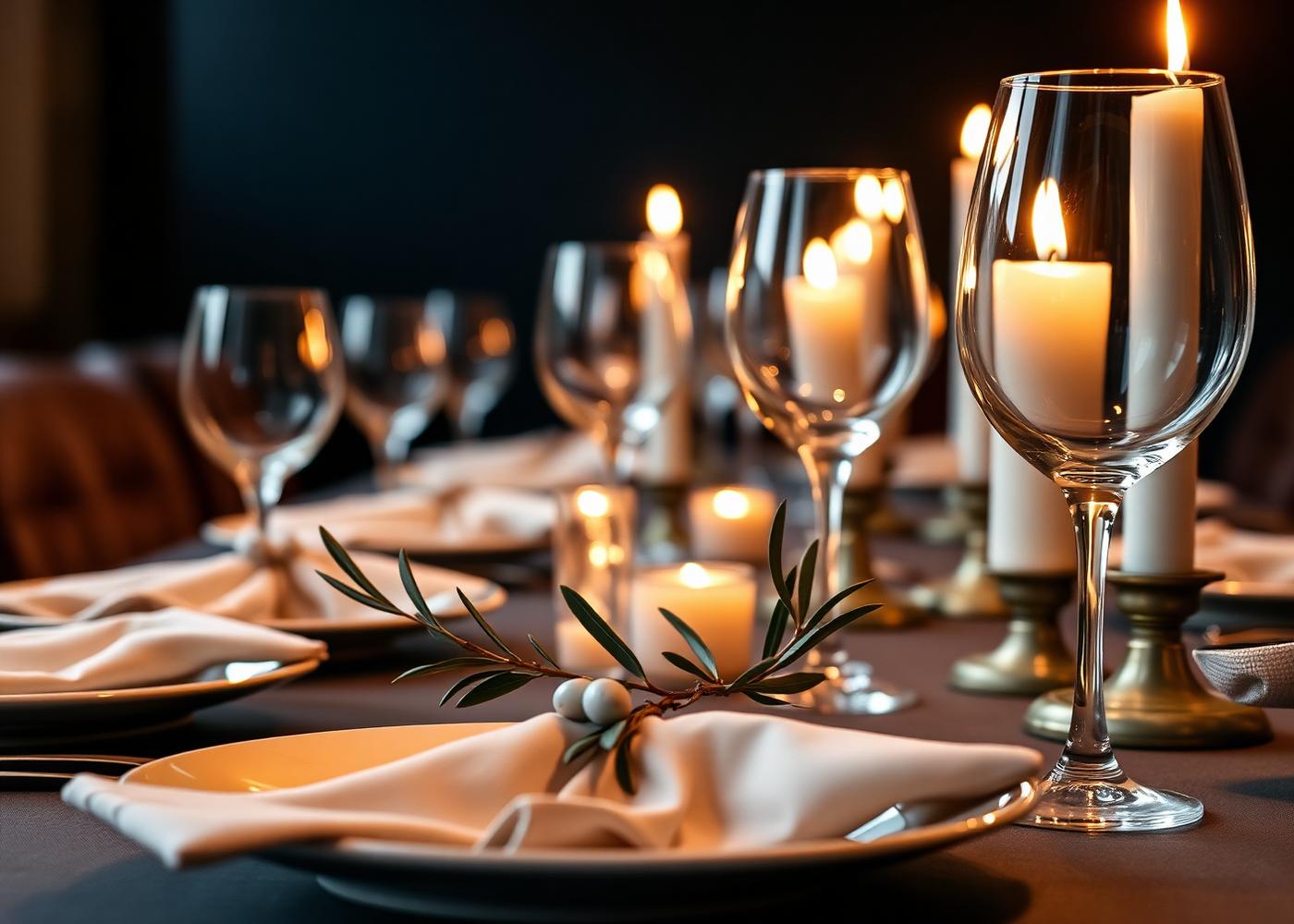 A candlelit table set with linen and olive branches