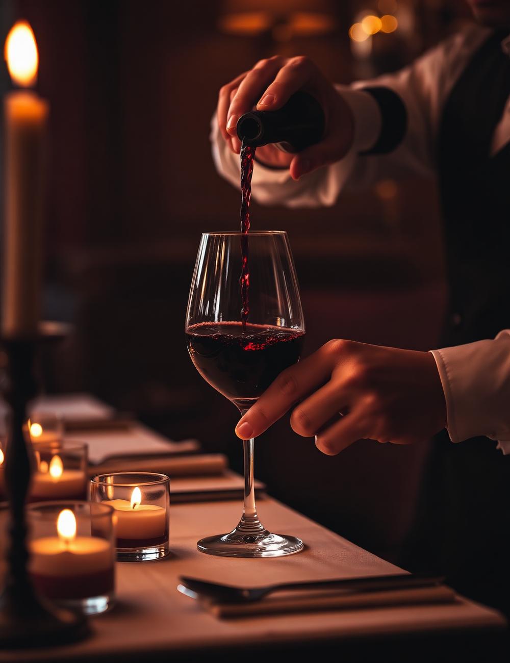 Red wine being poured at a candlelit table