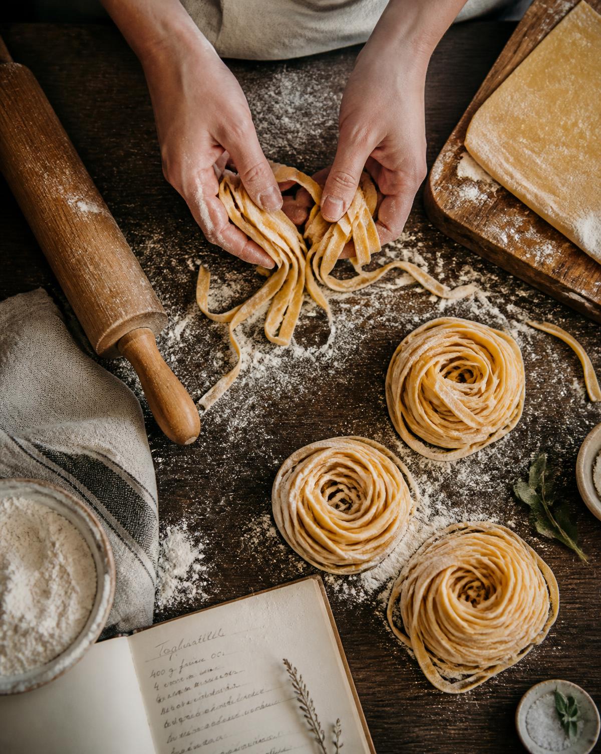 Fresh tagliatelle being cut by hand on a floured table